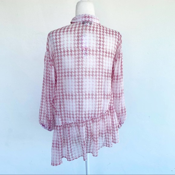 Topshop Pink Check Tiered Long Sleeve Asymmetrical Blouse Button Down Shirt - Picture 8 of 12